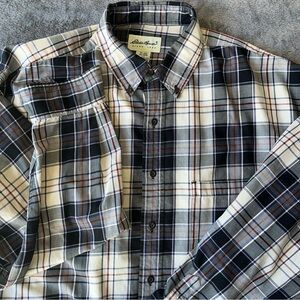 Eddie Bauer Men's Plaid Shirt - Gray and White Large Long Sleeve